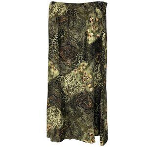 Vintage ColdWater Creek green & brown patchwork leopard and floral midi skirt XL